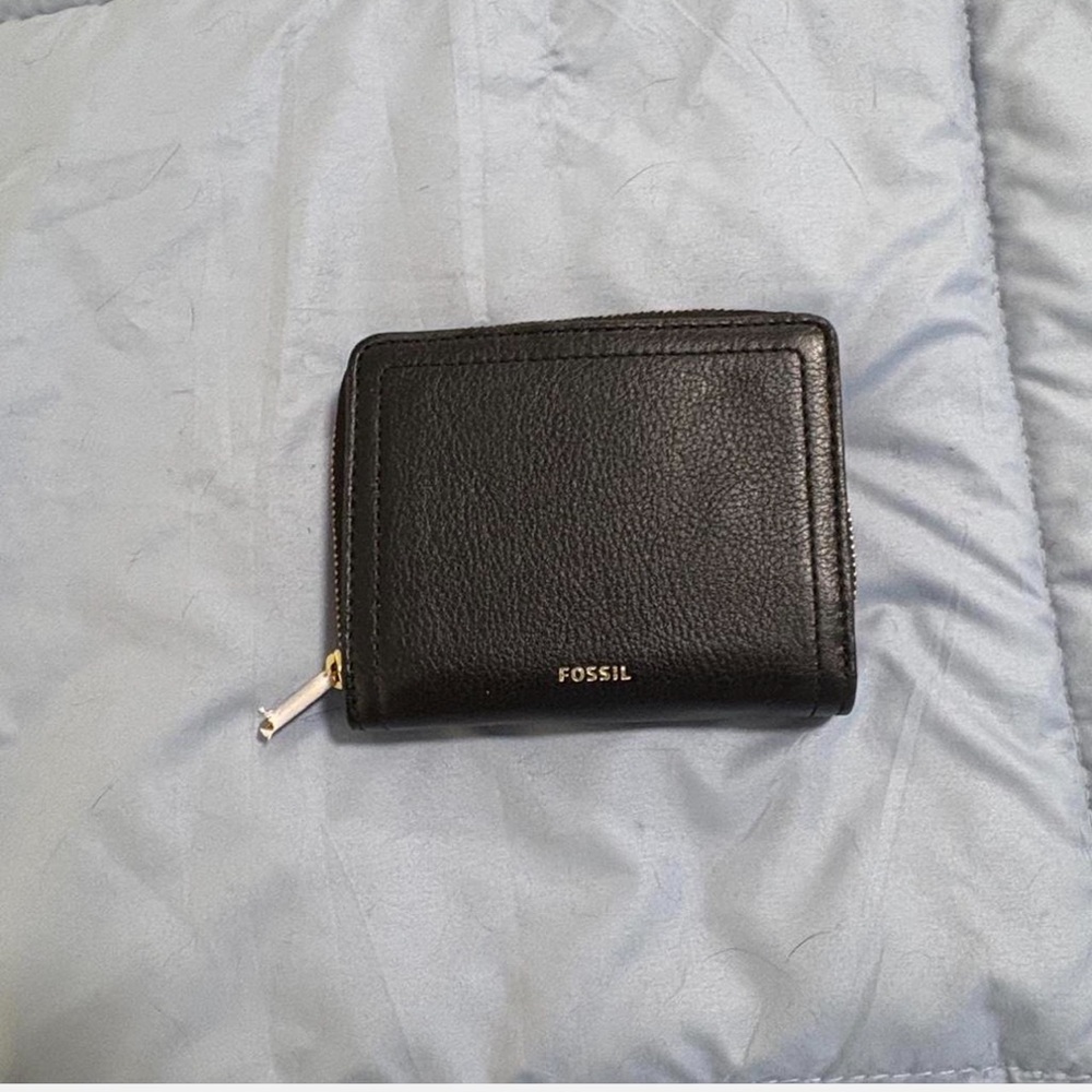 Fossil Black Leather Zip-Around Wallet with Gold Logo